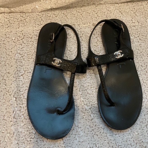 Chanel, Black Leather Sandals